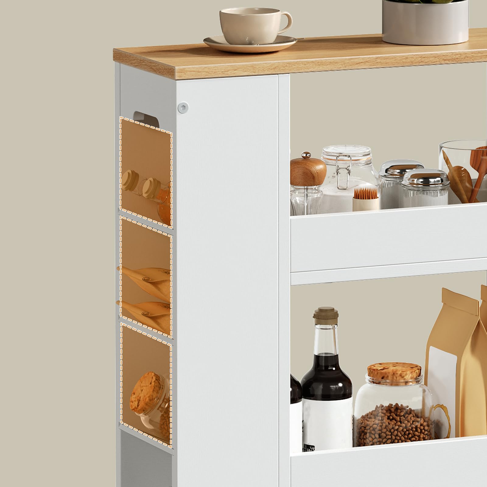 HOOBRO Carro Estrecho de 4 Niveles, 40 x 15 x 85,5 cm, con 4 Ruedas Giratorias Bloqueables, para Espacio Pequeño, Cocina, Baño, Sala de Estar, Blanco y Natural EWN84TC01