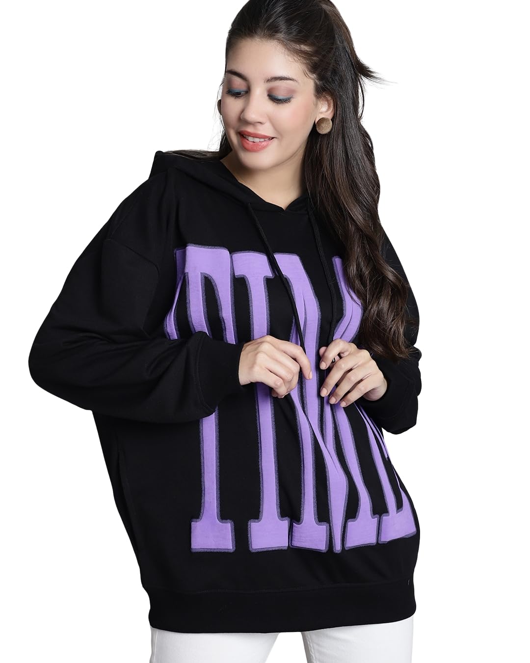 door74 Women's Oversized Hoodie with Purple Typography Print, Black, Full Sleeve, Soft Fabric, Casual Streetwear Style-picture-35