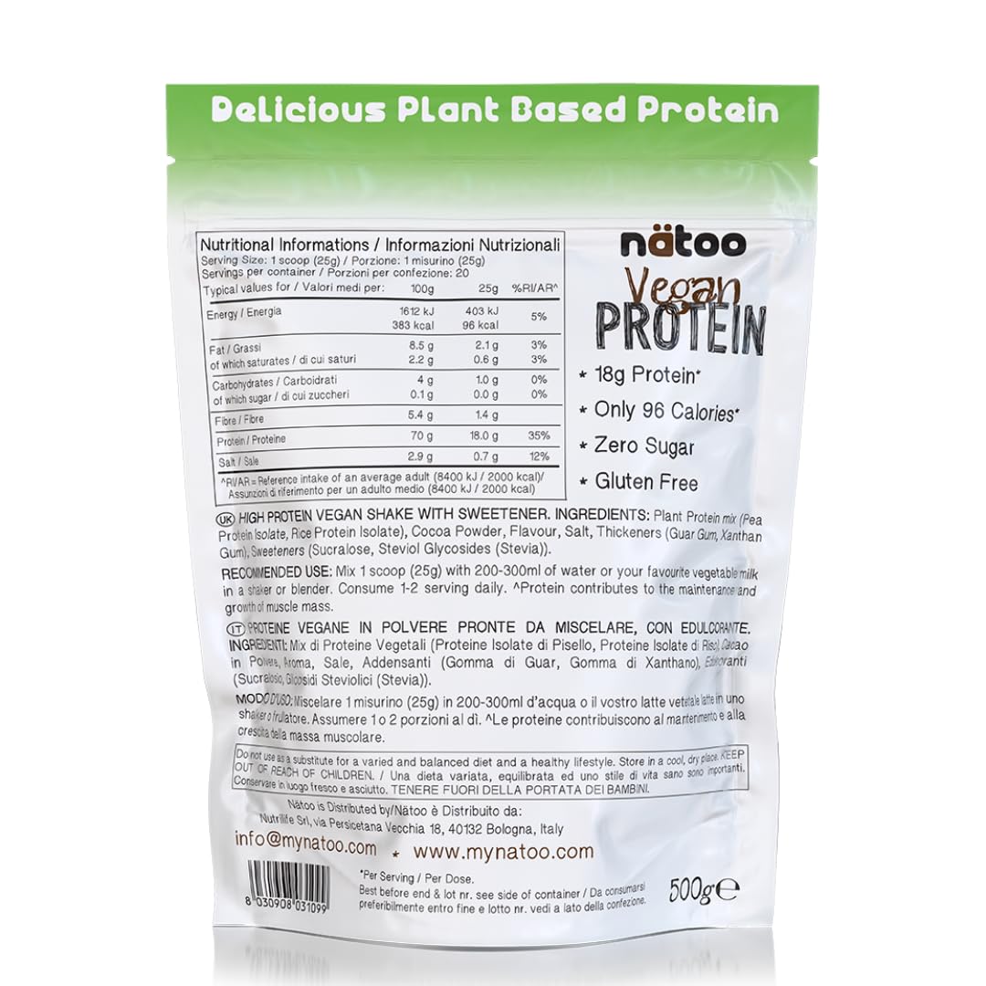 NÄTOO Proteine in Polvere Vegane - 500g Gusto Cioccolato senza Zucchero - Proteine in Polvere Isolate Vegetali provenienti dal Pisello e dal Riso - 18 grammi per Porzione - Proteine senza lattosio