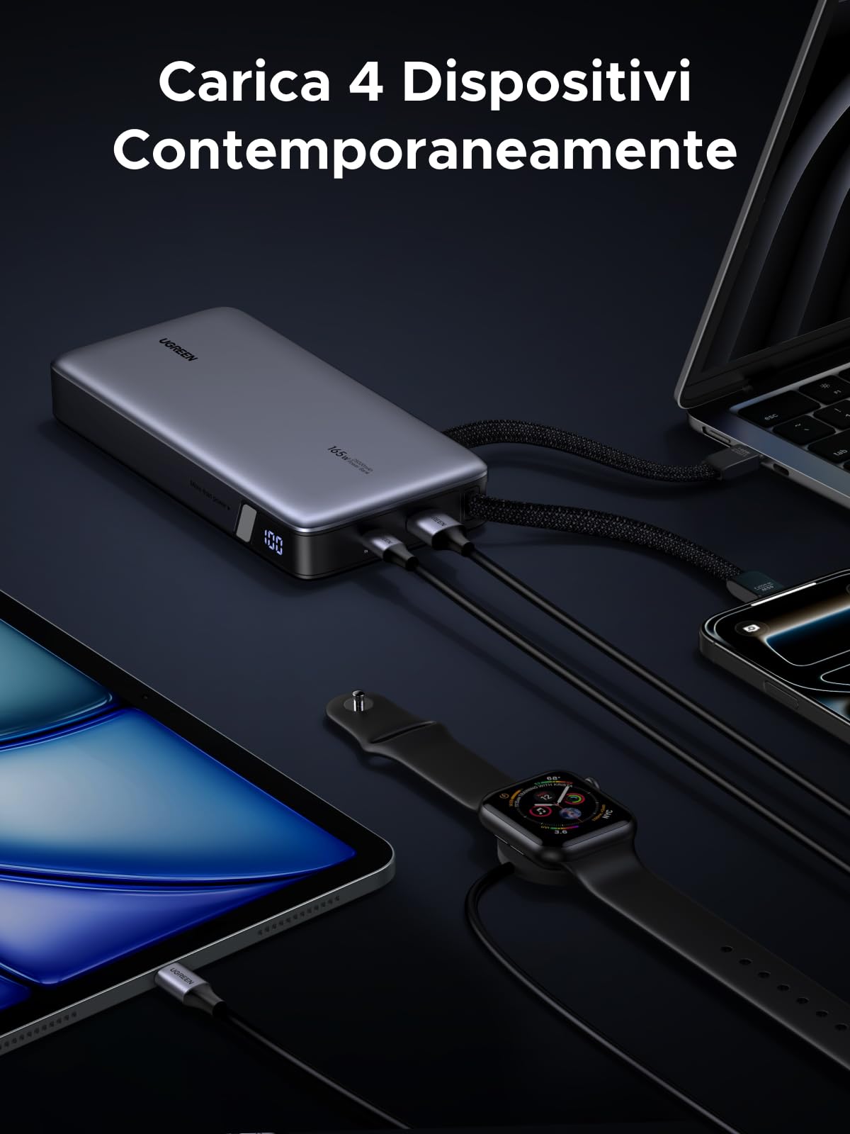 UGREEN Nexode 165W Power Bank 25000mAh Ricarica Rapida Caricatore Portatile PC PD3.1 140W 2 Cavo USB C Integrato LED Compatibile con iPhone 17 16 15 14 Plus Pro Max Galaxy S25 S24 A56 MacBook iPad