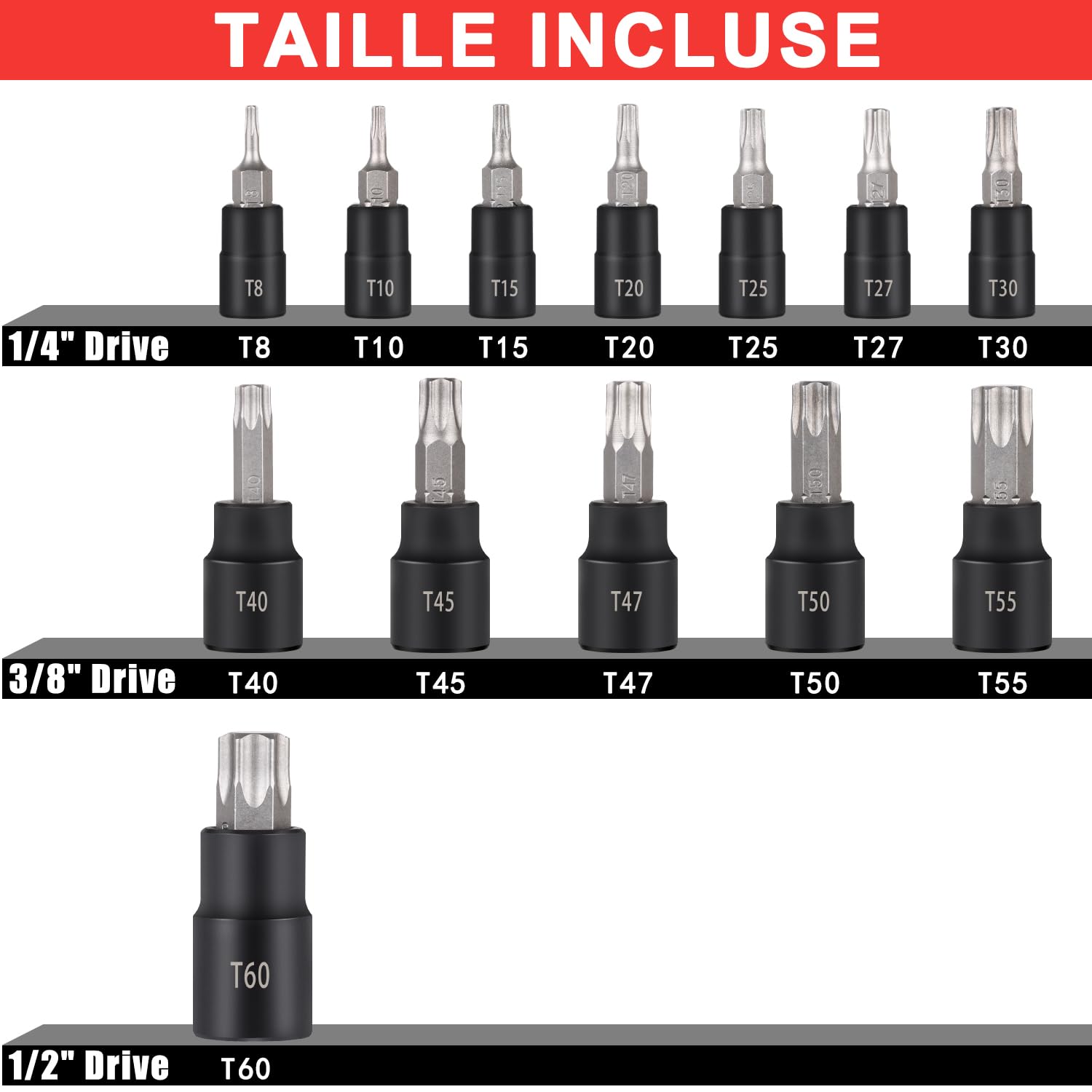 Awang 13PCS Douille Torx Mâles T8 à T60, Jeu de douilles à embouts étoilé | Coffret Embout Torx 1/4" 3/8" 1/2" drive en Acier S2