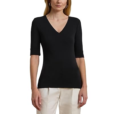 Lauren Ralph Lauren Stretch Cotton Elbow Sleeve V Neck T Shirts Women