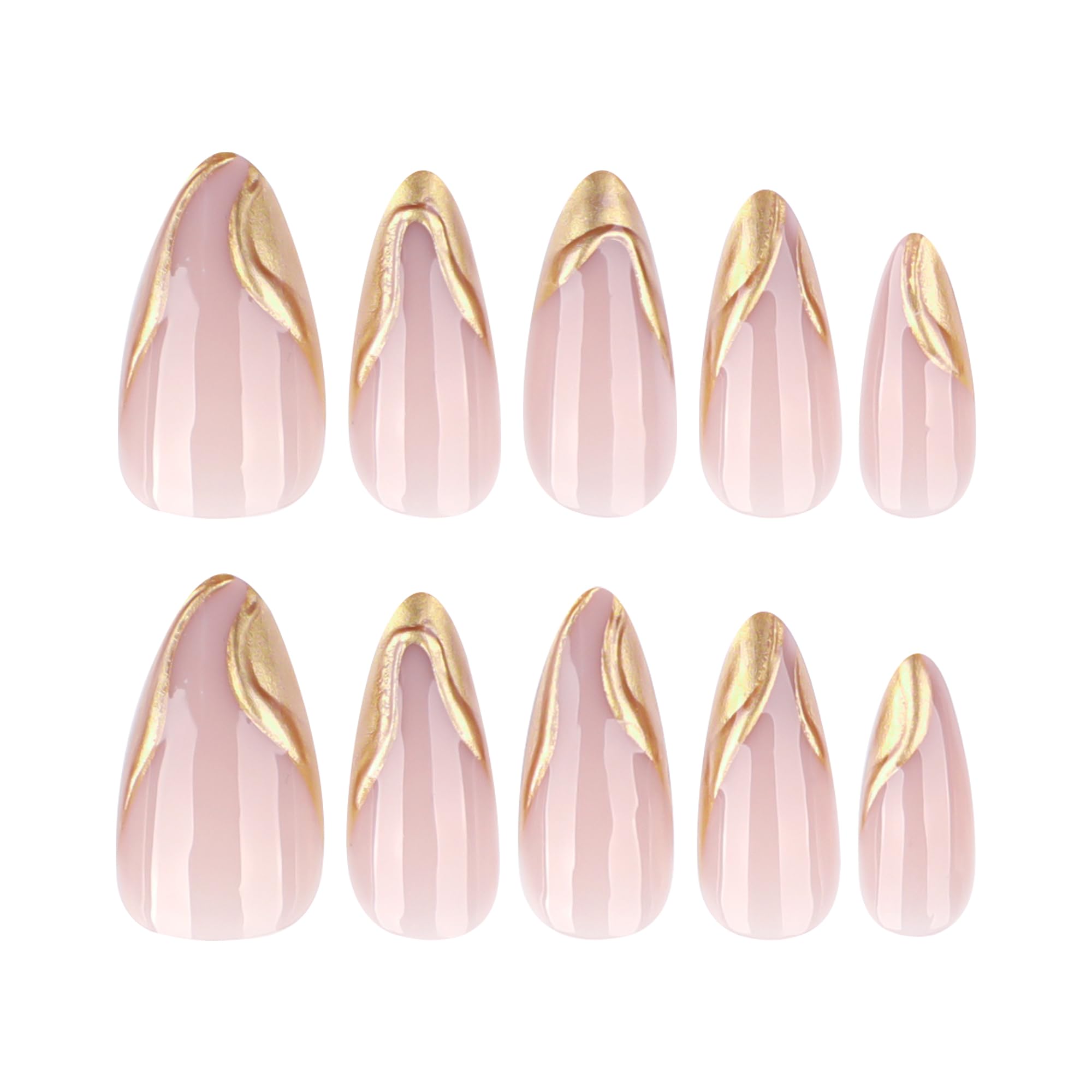 KaleidNail Nude Almond Press on Nails 24 PCS Glossy Gold False Nails Medium Length Fake Nails Full Cover Stick on Nails Art for Women and Girls Daily Decoration - Image 2