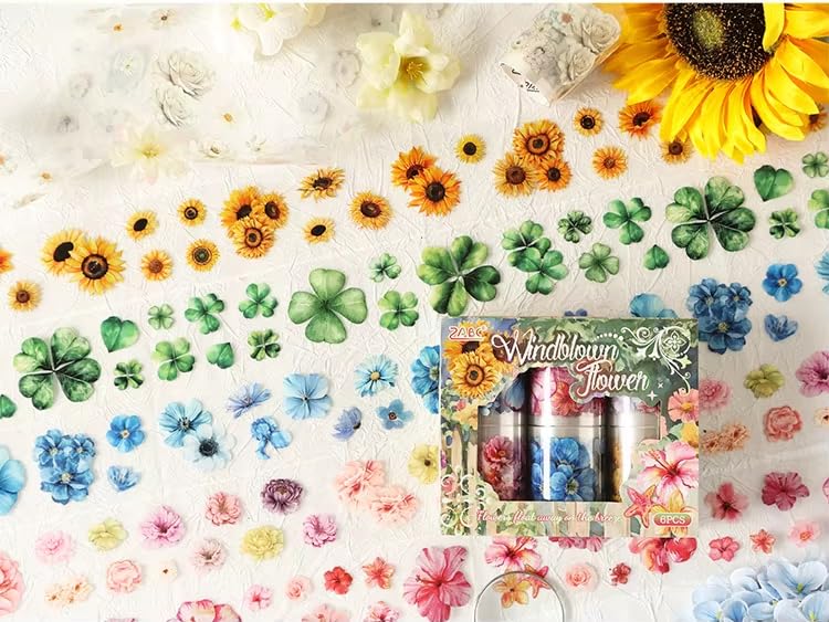 SAMVARDHAN Flower Washi Tape Set – 6PCS Floral PET Decorative Tapes for Journaling, Scrapbooking, Planners, DIY Crafts, Collage & Aesthetic Art Decoration (Windblown Flower)-image-11