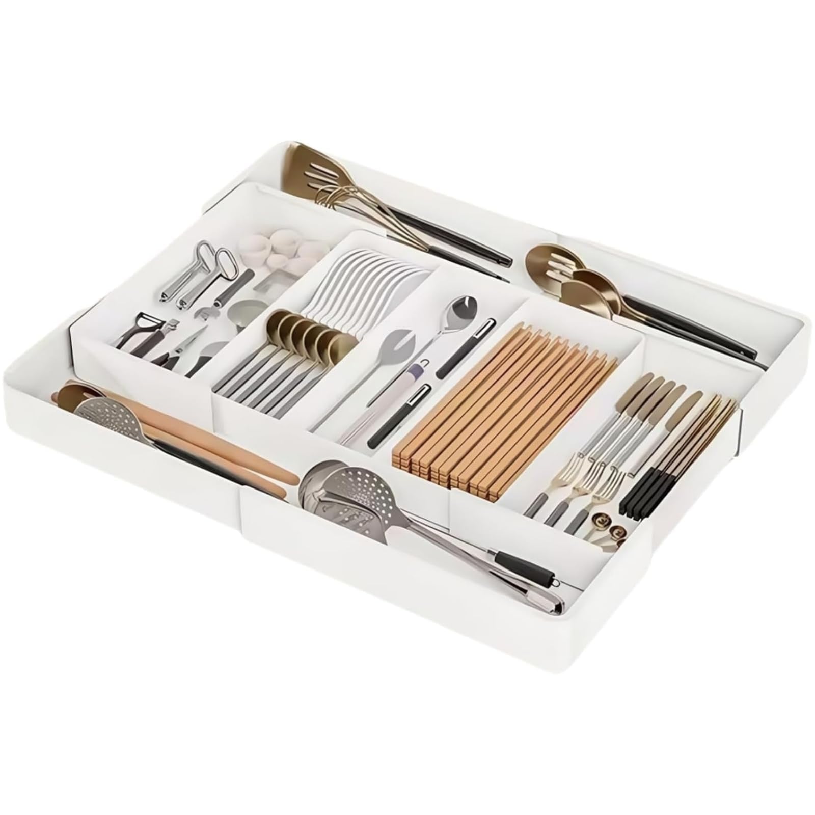 Utensil Organizer for Kitchen Drawers, Expandable Cooking Utensil Tray, Adjustable Cutlery Silverware Flatware Holder, Large Capacity Plastic Kitchen Spatula Tools and Gadgets Storage Divider, White