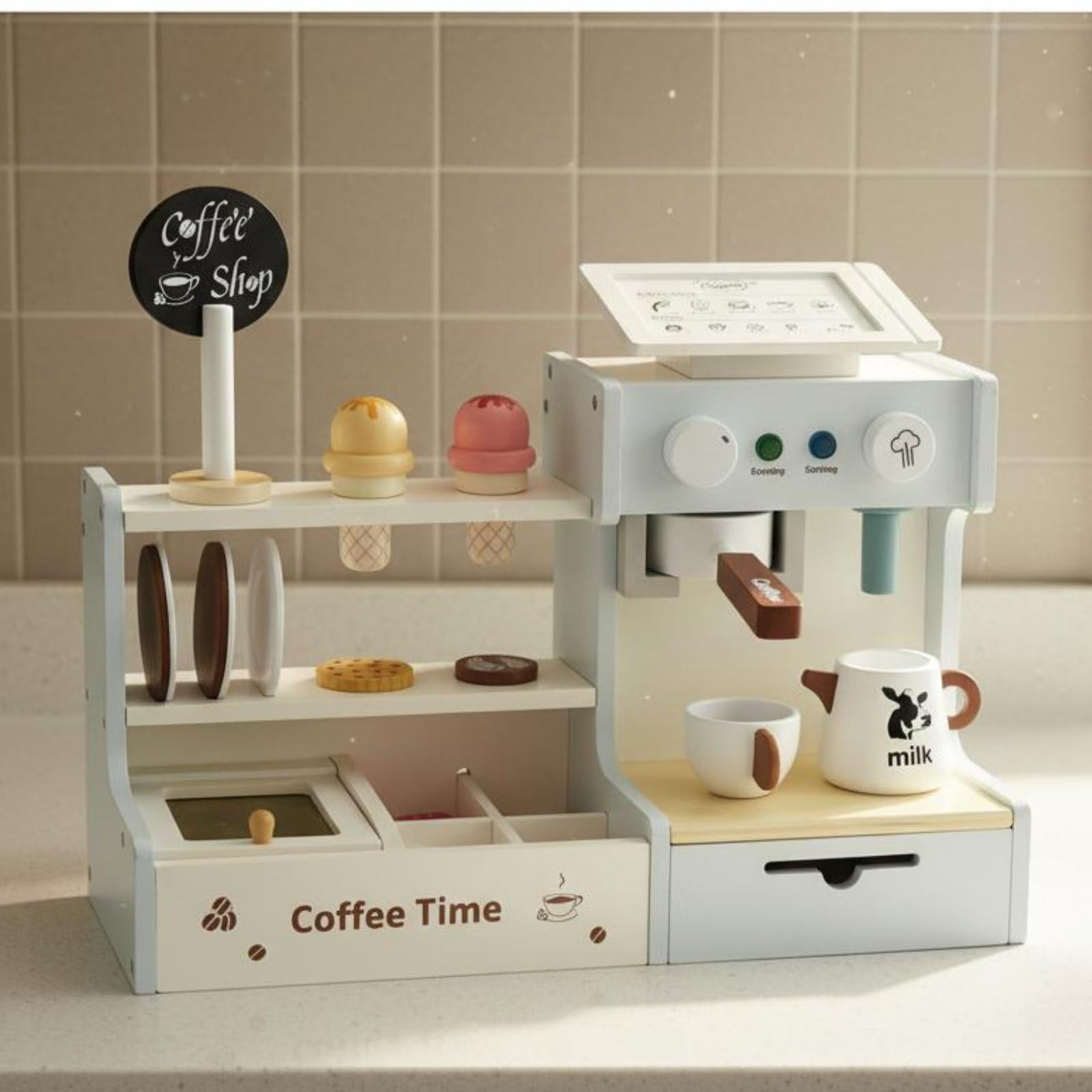 Harilla Set Caffetteria Giocattolo in Legno Macchina Caffè Accessori Servizio Carta Ordini Monete Finte Vernice a Base d'Acqua Adatto a Bambini Casa Scuola Apprendimento Creativo