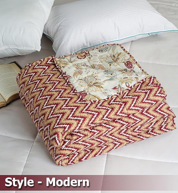 Image of SANMARINO Jaipuri Razai Single Bed Reversible Cotton Quilt | Traditional Ethnic Floral Print Dohar | Lightweight AC Comforter with Pure Cotton Filling | All-Season Blanket (Deep Maroon)