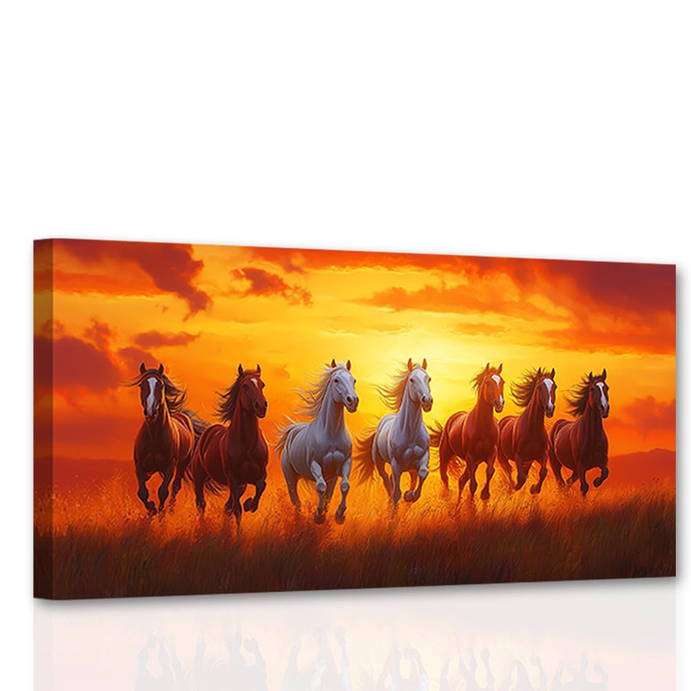 CCWACPP Running Horse Canvas Wall Art Wild Animal Pictures 7 Horse Running Painting Print Wildlife Poster Large Living Room Office Decor Framed (30L x 60W cm)