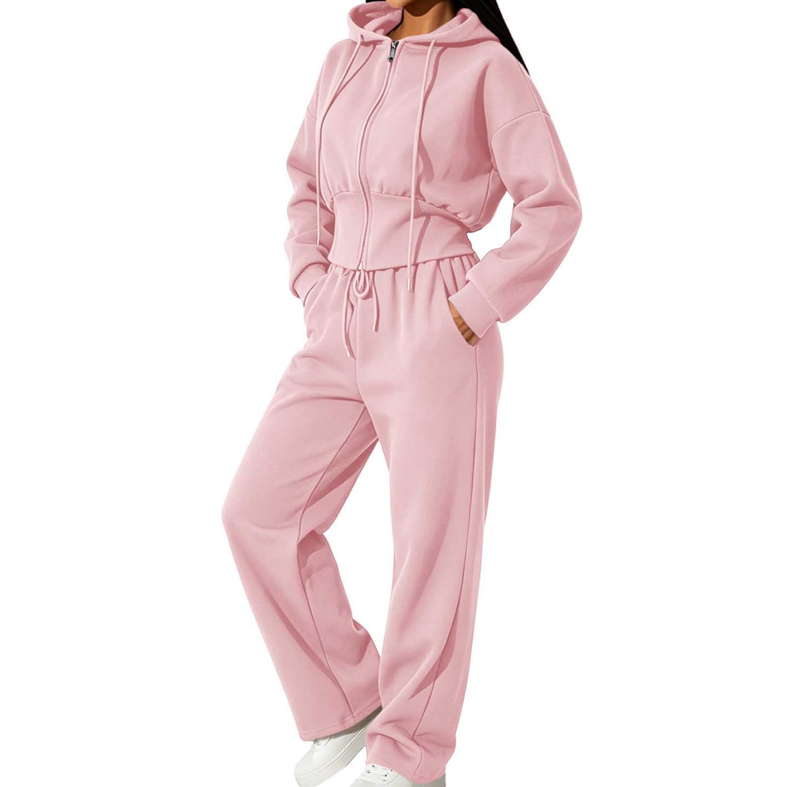 Tuta da donna Set 2 pezzi Casual Lounge Wear Set da donna Zip Up Felpe con cappuccio ritagliate Gamba dritta Pantaloni della tuta Palestra Allenamento Tute atletiche Allentato Activewear Tempo libero