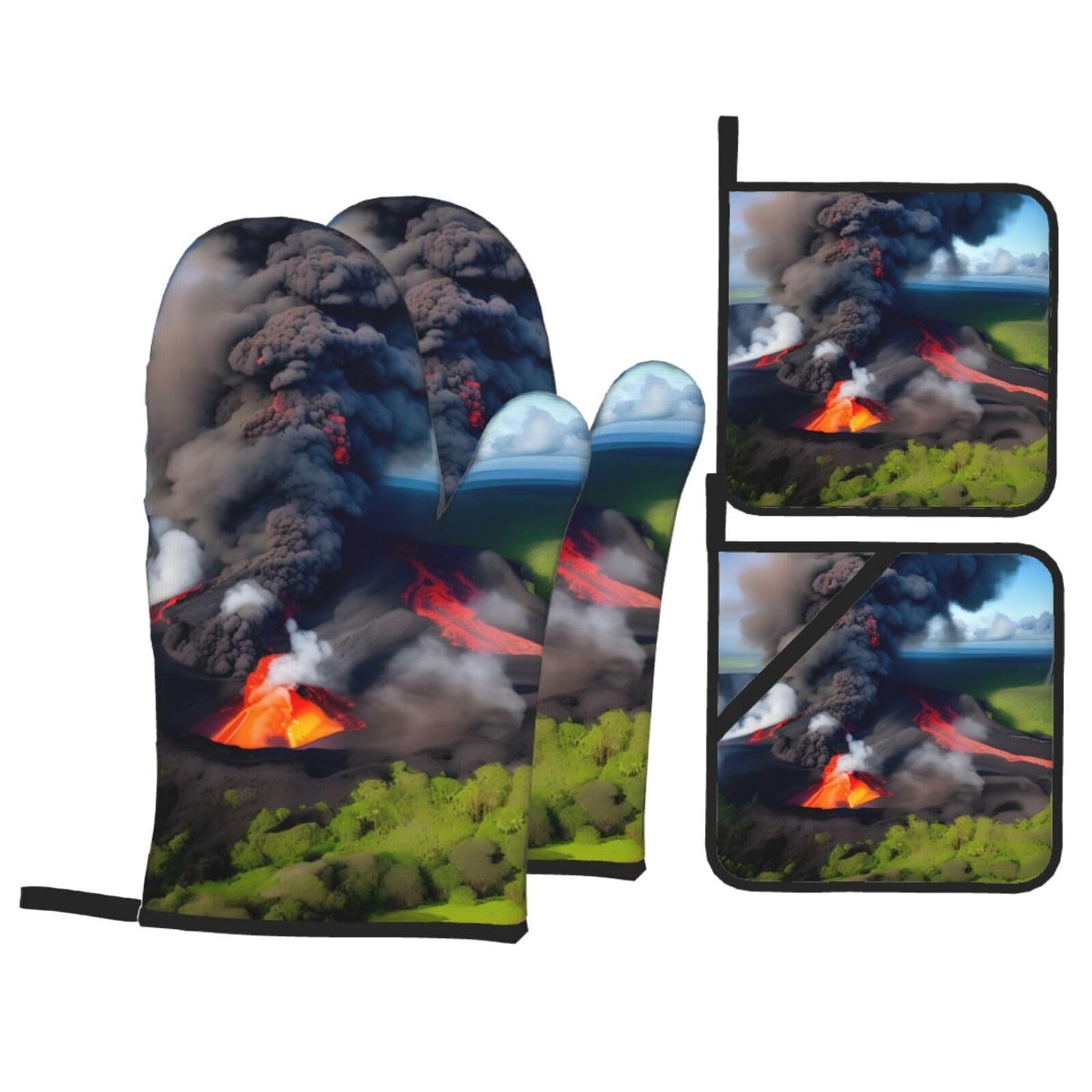 Kilauea Volcano Bloom Print 4-Piece Oven Microwaving Set Waterproof Kitchen Gloves for Baking Grilling Cooking