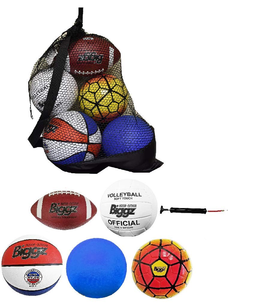 Biggz Bag of Sport Balls - Basketball, Soccer Ball, Football, Volleyball, Blue Playground Ball, and Pump