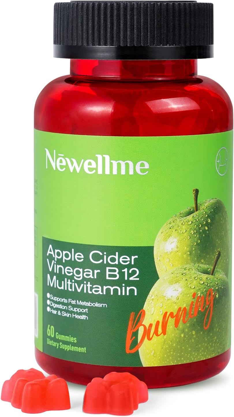 NEWELLME Apple Cider Vinegar Gummies B12 Multivitamin,ACV Supplement Gummy Vitamins,Non GMO, Vegetarian Supplement for Women & Men,Support Normal Energy Levels & Gut Health 60 Gummies (60)