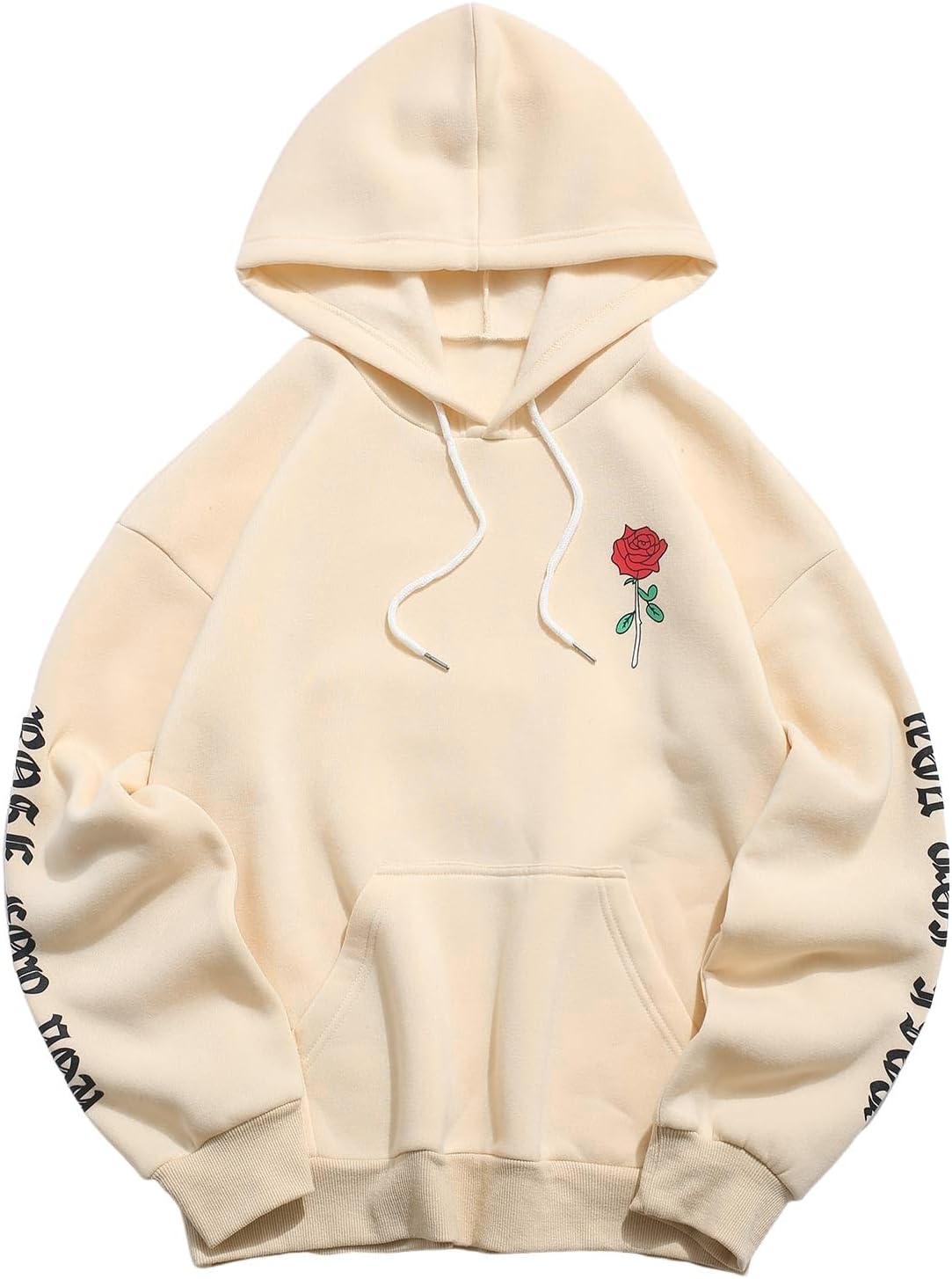 Men's Fleece Hoodie Unisex Rose Letter Print Hooded Pullover Kangaroo Pocket Sweatshirt