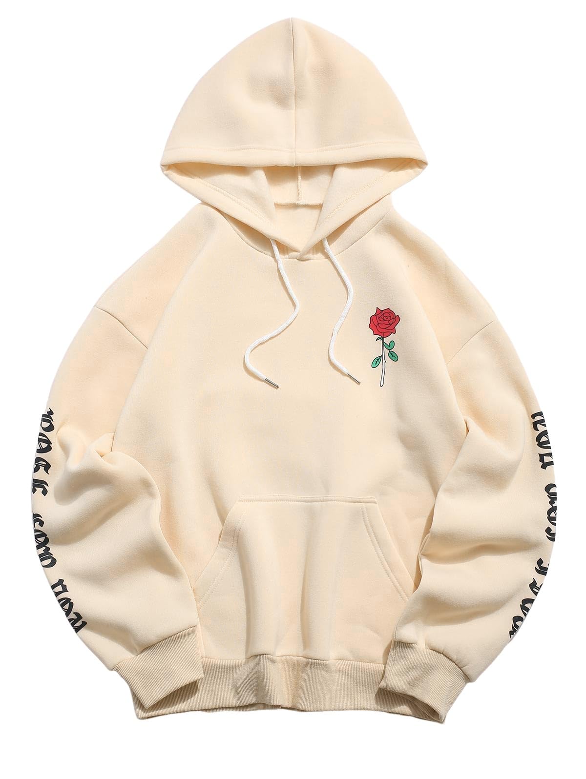 Men's Fleece Hoodie Unisex Rose Letter Print Hooded Pullover Kangaroo Pocket Sweatshirt