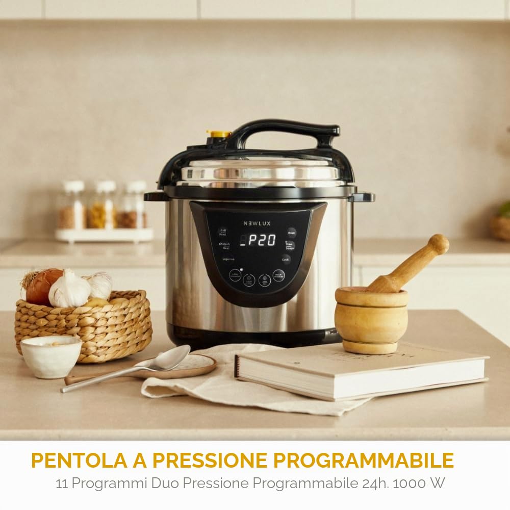 NEWLUX - Pentola a Pressione Elettrica 6 Litri Acciaio inossidabile V110 1000W con 10 Menù. Programmabile 24h, Conserva il Calore, Sistema Duopressione e 100% Antiaderente