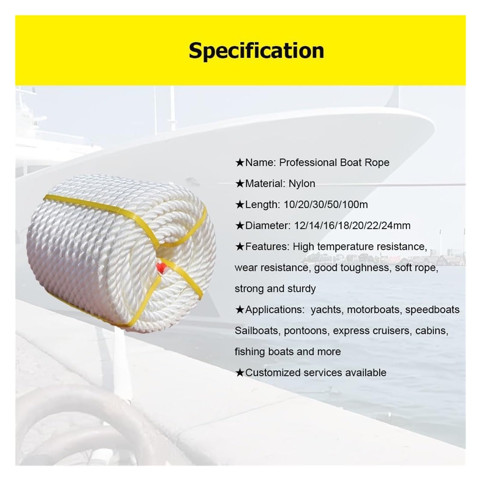 Corda intrecciata in nylon per ormeggio, Cime for ormeggio intrecciate a tre fili in nylon bianco 10-100 m 12-24 mm(22mm/0.87",10m/30')