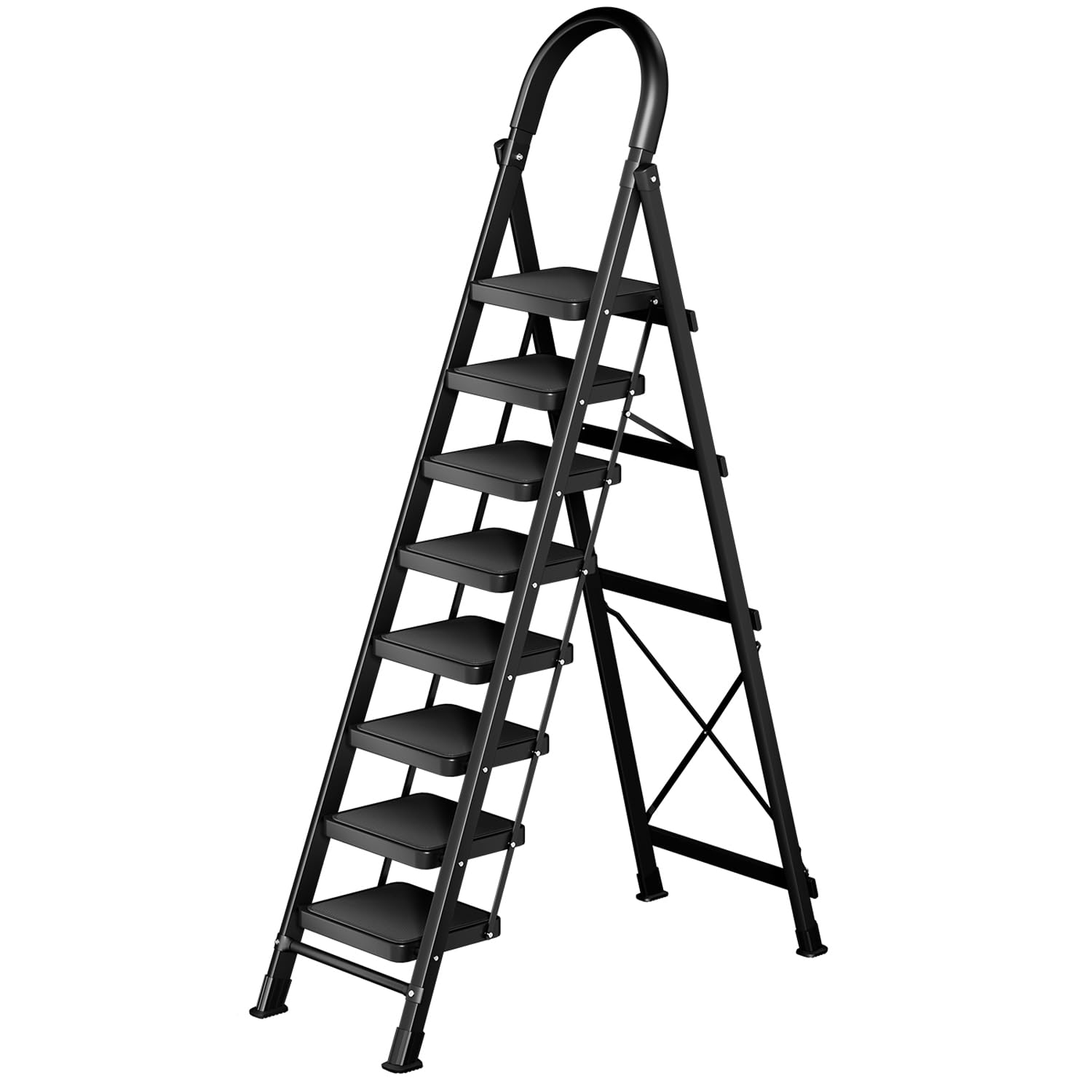 8 step folding ladder,heavy - duty step stool with anti - slip pedal and handrails, 330lbs portable sturdy carbon steel ladder for home & kitchen use,black