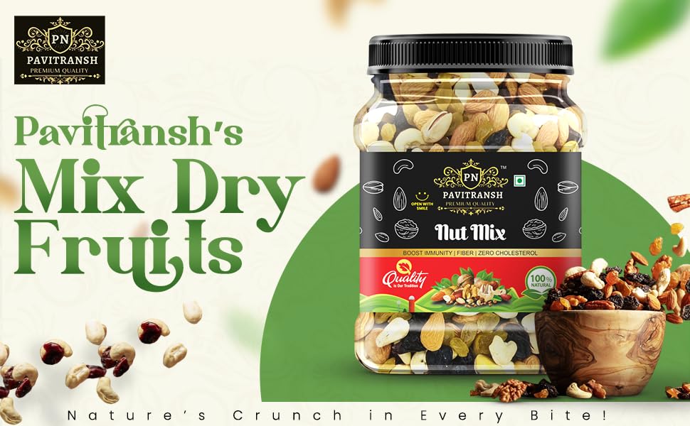 Image of Pavitransh 100% Natural Premium Mix Dry Fruits 500Gm with Almonds | Cashew | Kishmish | Apricot | Black Raisins | Dried Kiwi | Nuts and Dry Fruits 500Gm (Jar pack)