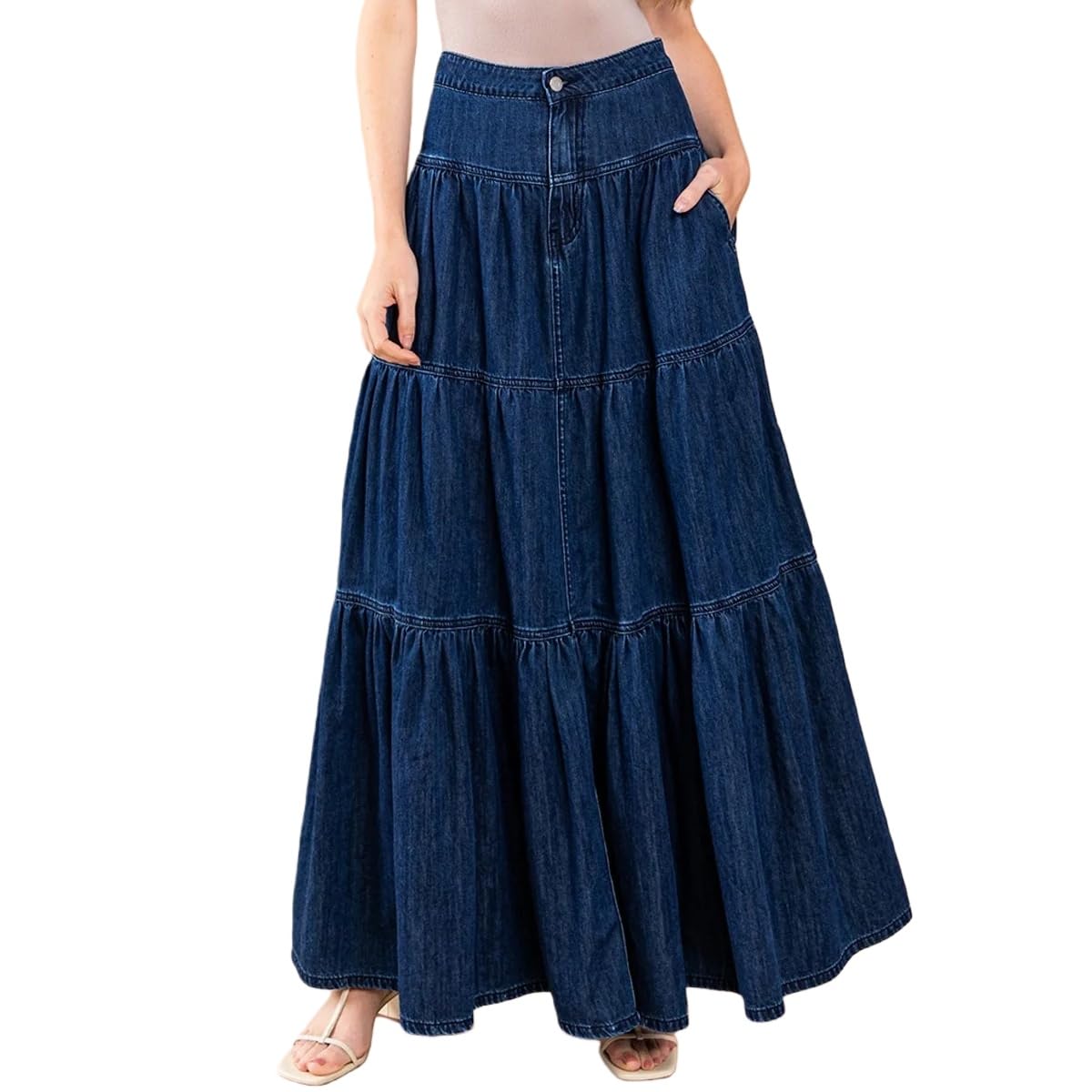Falda Larga Vaquera De Talle Alto para Mujer con Botones Estilo Bohemio Fluida Plisada con Volantes Y Corte En A con Bolsillos Ideal para Viajes Y Salidas Informales.