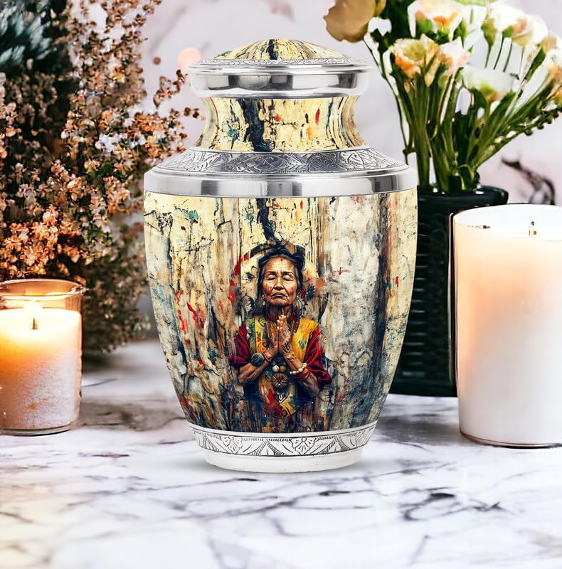 Native American Funeral Decorative Urns, Urn for Ashes for Adult Male & Female, Large with Velvet Bag, Cremation Urn for Adult Men & Women, Memorial for Human Remains Mom & Dad