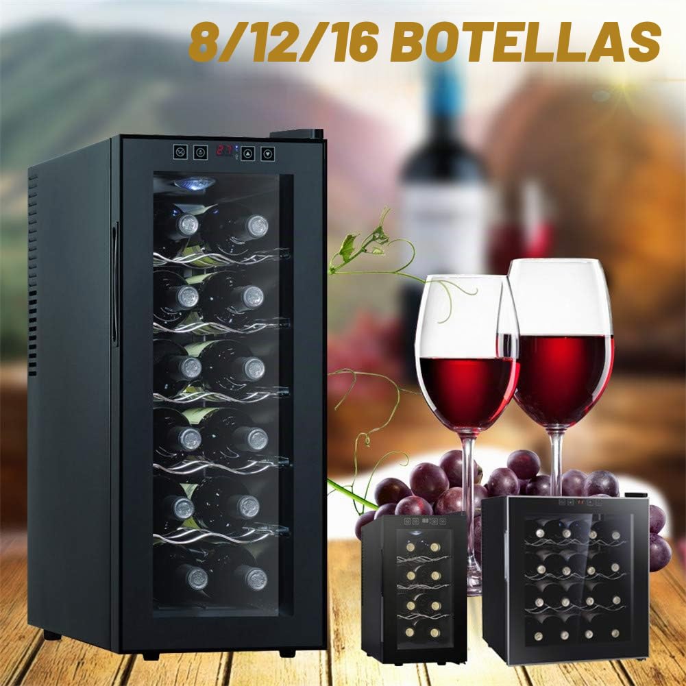 Nevera de 12 botellas de vino, minibar, refrigerador de 11-18 °C, control táctil ajustable, luces LED, elegante, adecuado para el hogar, bar, fiesta, negro, 12 botellas