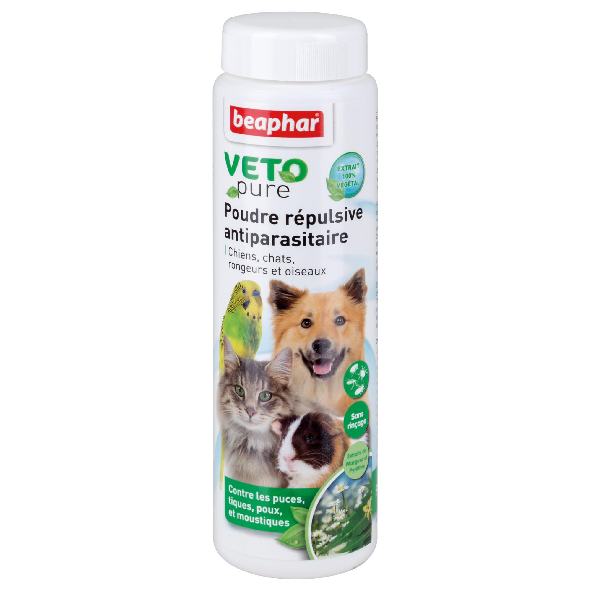 BEAPHAR – VETOPURE – Poudre répulsive antiparasitaire pour chien, chat, rongeur et oiseau – Extraits de Margosa et de Pyrèthre – Contre les puces, tiques et moustiques – Pratique et sans rinçage – 60g