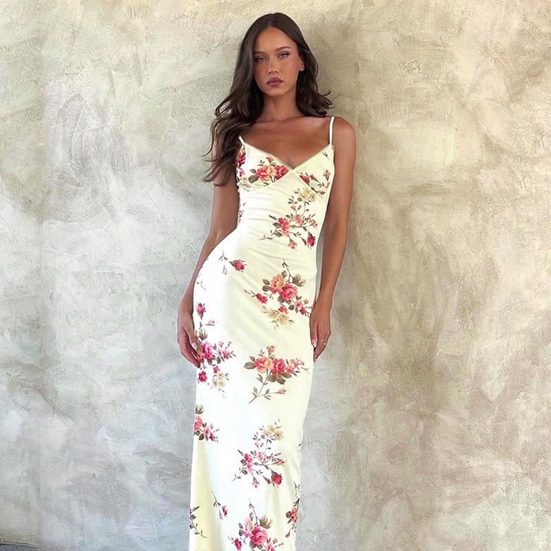 Image of ABINGOO Women Vintage Spaghetti Strap Maxi Dress Sexy Low Cut Backless Floral Satin Slip Long Dress Y2k Cami Bodycon Dresses