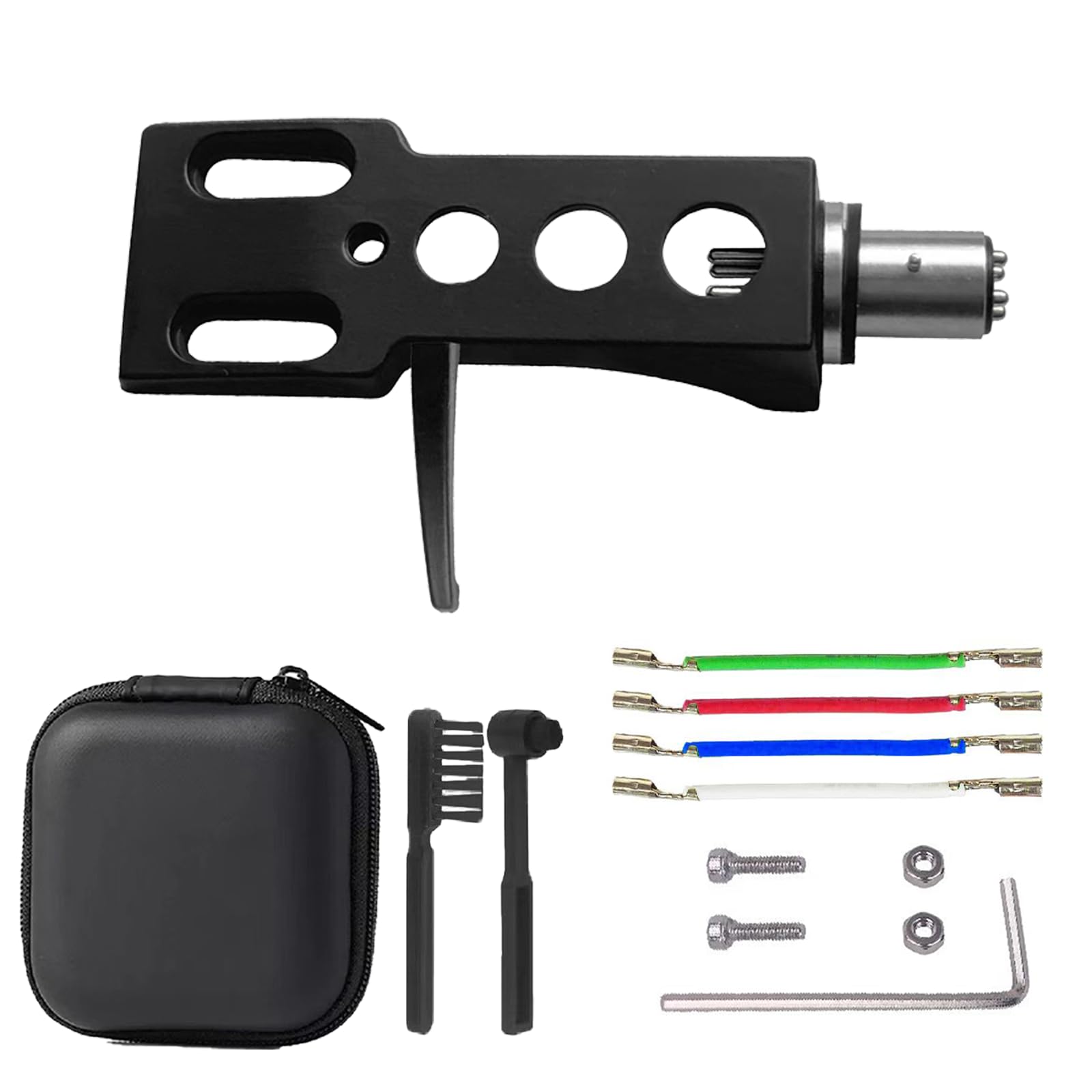 Universal Turntable Headshell LP Turntable Cartridge, Black, Phonograph Lead Wires, Screws, Stylus Cleaning Brush, Headshell Storage Case