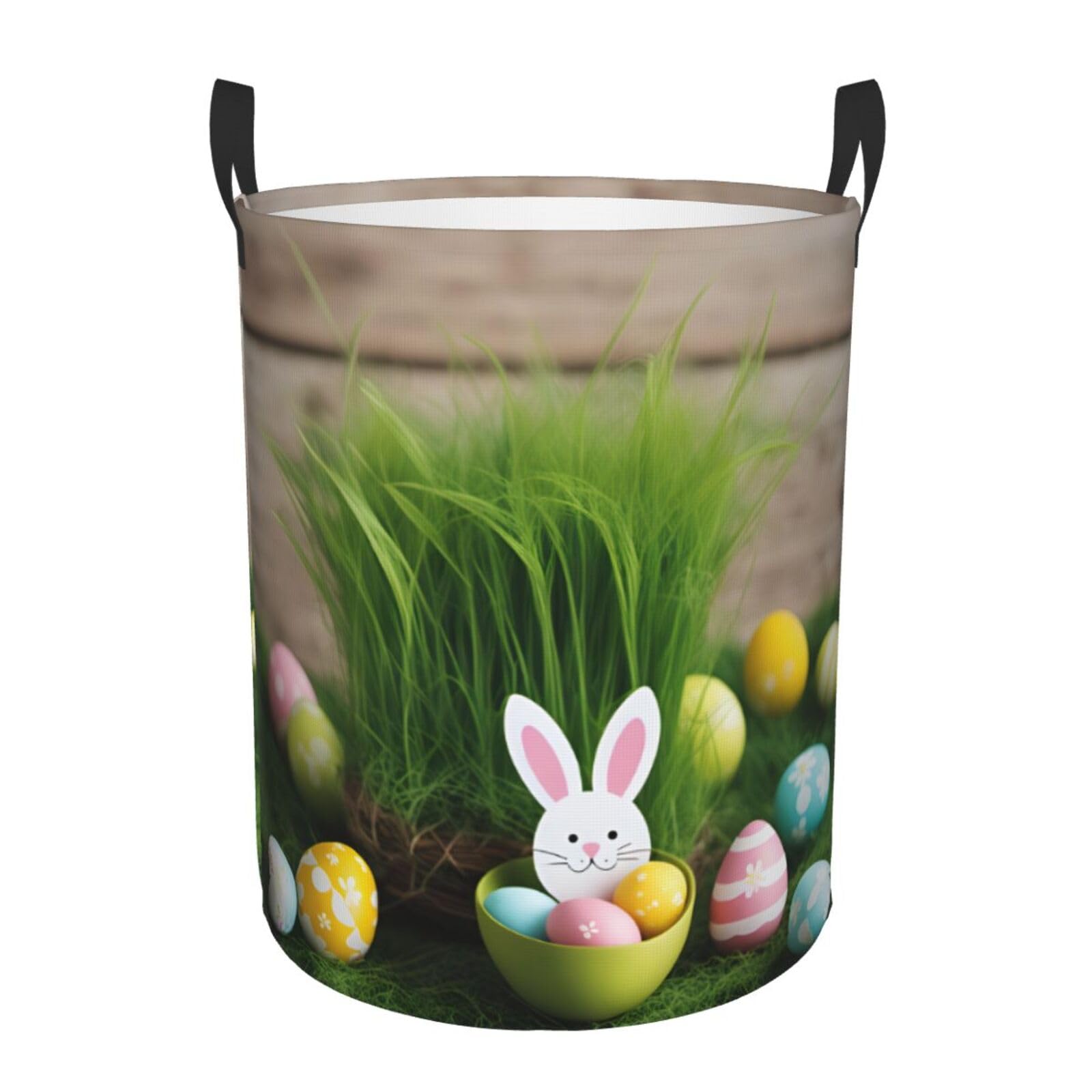 M Collapsible Laundry Hamper Round Easter Egg Bunny Grass Wooden Print Storage