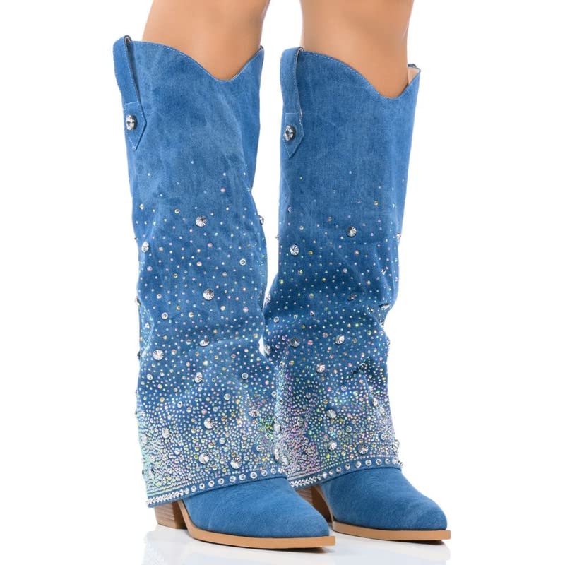 sexytag Women's Sparkly Rhinestone Cowboy Western Denim Boots Knee High Pointed Toe Pull-On Jean Boots2