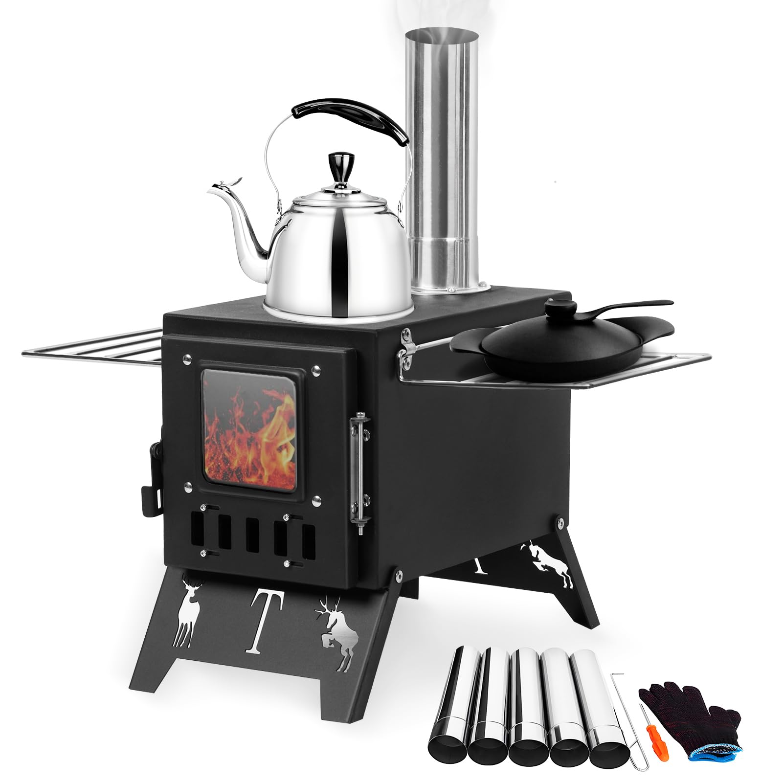 2 in 1 Portable Sauna Hot Tent Stove Wood Burning Stove with 5 Chimney Pipes Folding Camping Stove Stainless Steel Outdoor Cooking Heating Stove for Camping Hiking Fishing (Black)