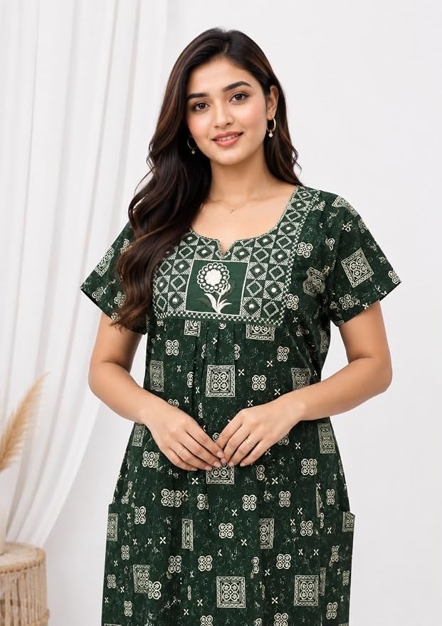 Image of Women's Pure Cotton Floral Maxi Nighty, Frock Style Short Sleeve Full Length Night Gown with Adjustable Belt, Comfortable Sleepwear, Pack of 2