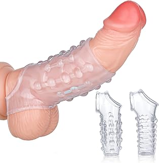 Reusable Penis Sleeves 2pcs, Penis Enlargement Cock Ring Realistic Textured Cock Sleeve Sex Toy Enlarger Condom Soft Penis Sleeve for Men Couples, Clear