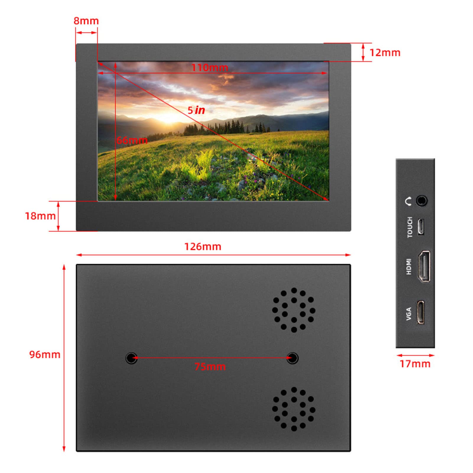 5-calowy monitor z ekranem dotykowym, rozdzielczość 800 x 480, szeroki kąt widzenia, interfejs multimedialny VGA USB HD, lekka i przenośna konstrukcja, materiał ze stopu aluminium,