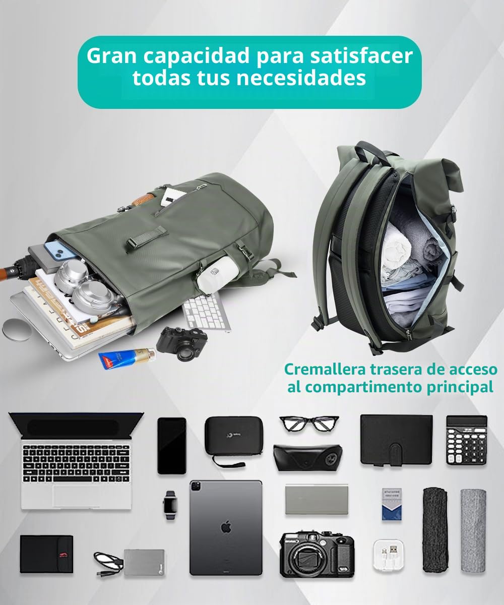 Mochila Enrollable Impermeable Mochila Ordenador Portatil 15 Pulgadas Antirrobo Mochila Hombre Casual para Viaje Ciclismo Escuela Deporte-Verde