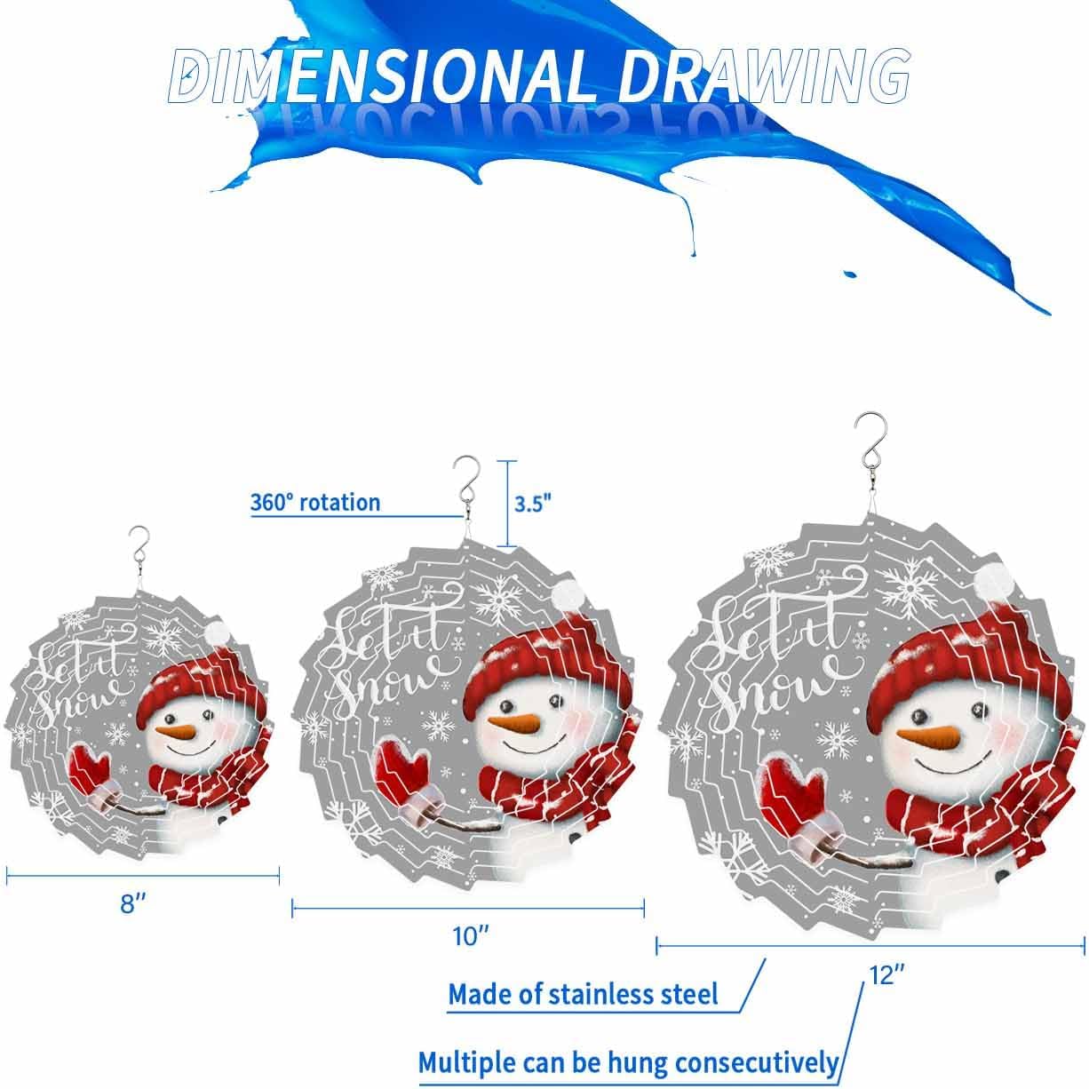Snowman Wind Spinner 3D Stainless Steel, 12 in Sun Shape Double Sided Hanging Wind Spinners, Merry Christmas Snowflakes Grey Garden Art Wind Sculpture for Yard Porch Front Door