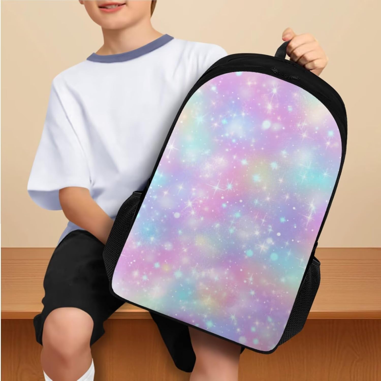 Rainbow Stars Backpack for Girls 4-6 with Lunch Box Large Capacity Middle School Bag Set for Kids Double Zipper School Bookbag for Kids Girls 6-8 Big Capacity Pencil Box Travel Sleeve