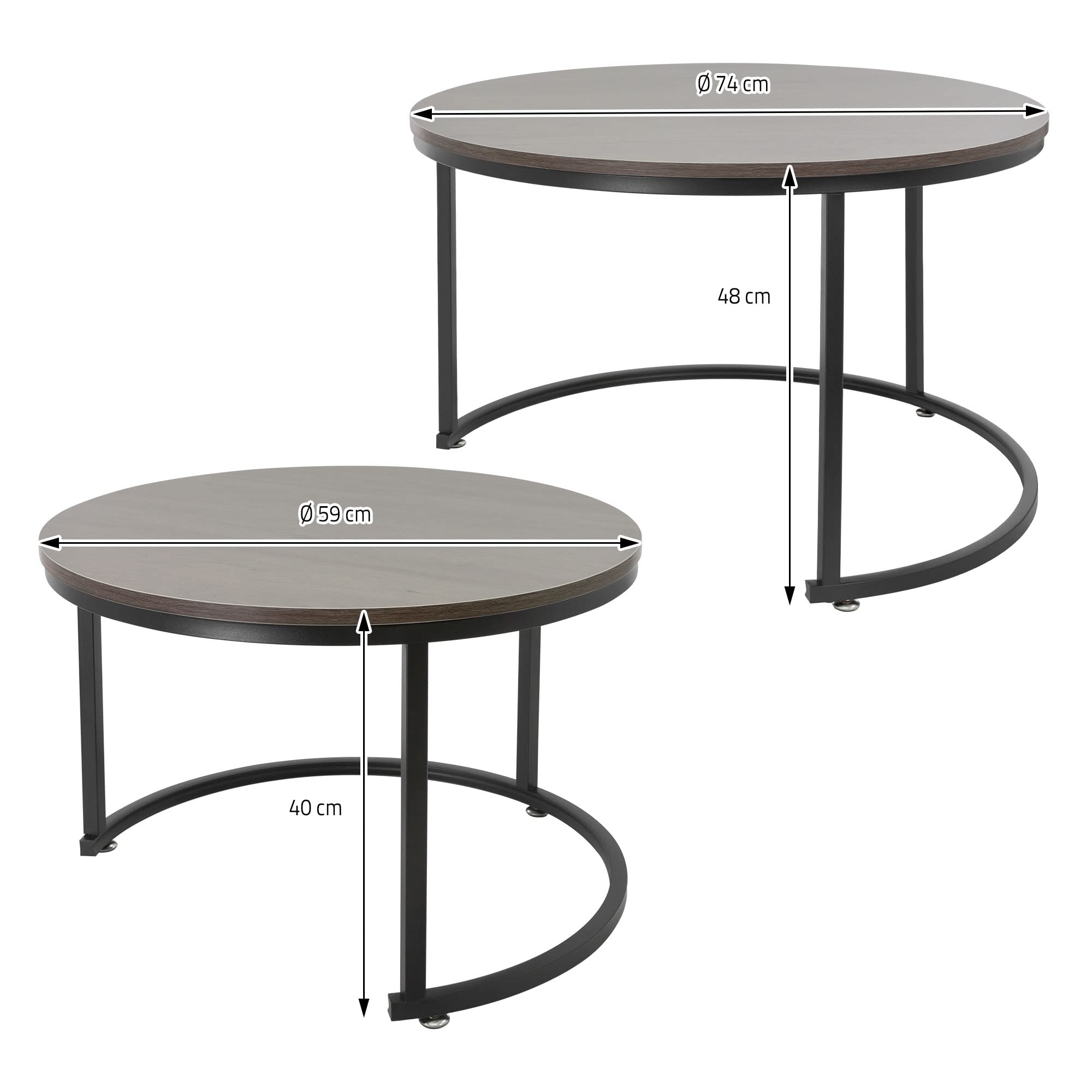 ML-Design Juego de 2 Mesas Auxiliares Redondas de Centro Ø59x40cm/Ø74x48cm MDF Roble Oscuro Estructura de Metal Negro Mesita para Salón Diseño Moderno Tablero para Lámparas Accesorios Decorativos