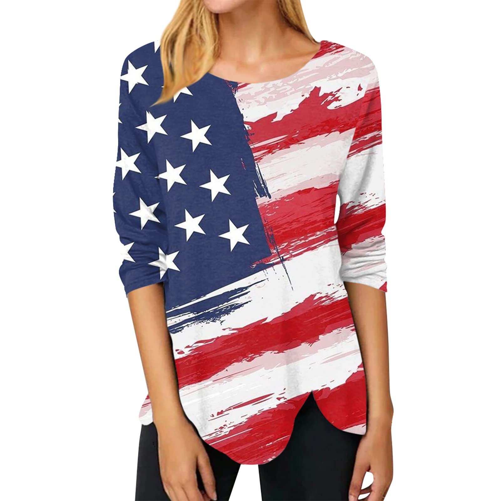 Women's Fashionable Casual Round Neck Long Sleeve Irregular Independence Day Printed Long Sleeve T-Shirt Tops