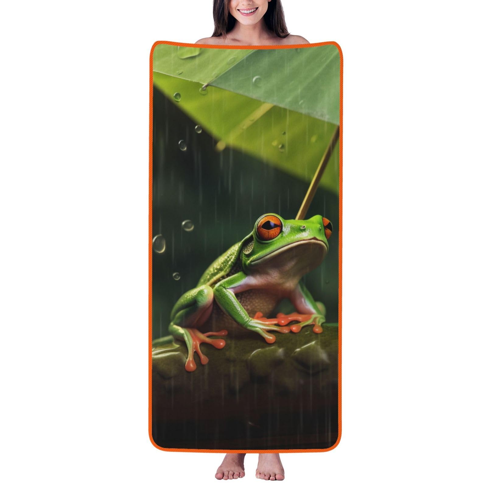 WPKJU Frog and Rain Printed Bath Towel with Orange Edging - 27x55 in Soft Extra Absorbent Coral Velvet Shower Towels for Bathroom