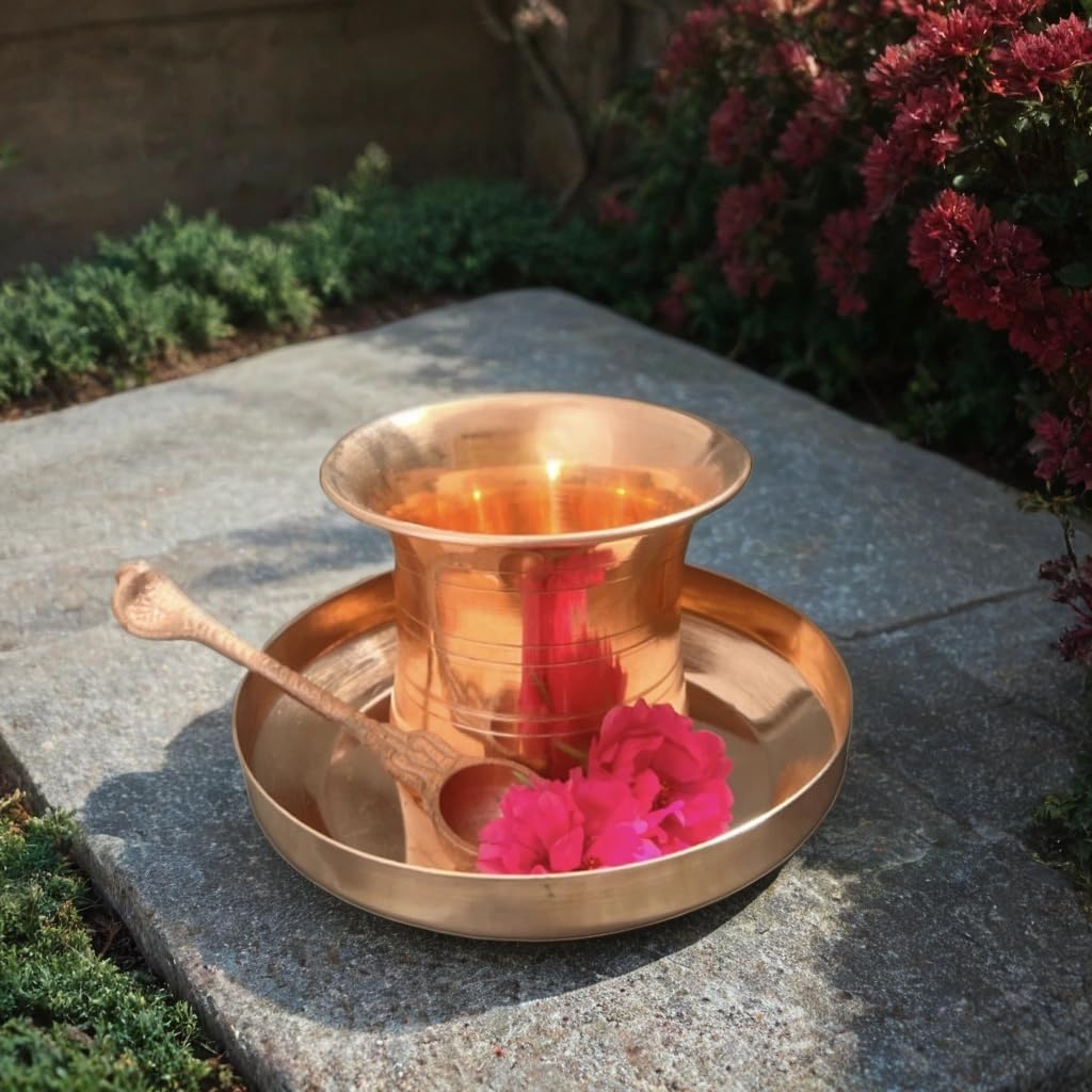 COOKWARE PARADISE Copper Panchapatra Set with Plate and Achamani Spoon for Hindu Puja/Pooja, Mandir, Temple, Charanamrit, Abhishekam Rituals 2