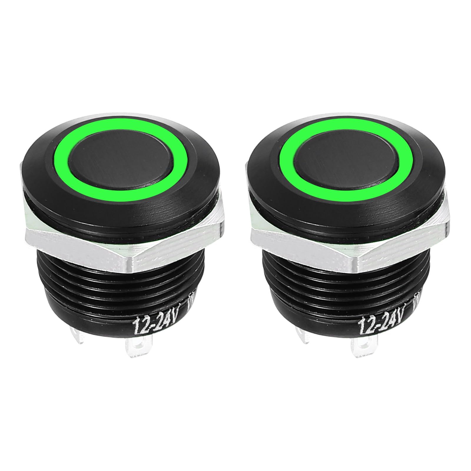 DMiotech 2 Pcs 16mm / 5/8" Push Button Switch, IP66 1NO 12-24V 3A Momentary Latching Push Button Starter Light Switch Self-reset with Green Round, Aluminum Alloy Flat Head Black