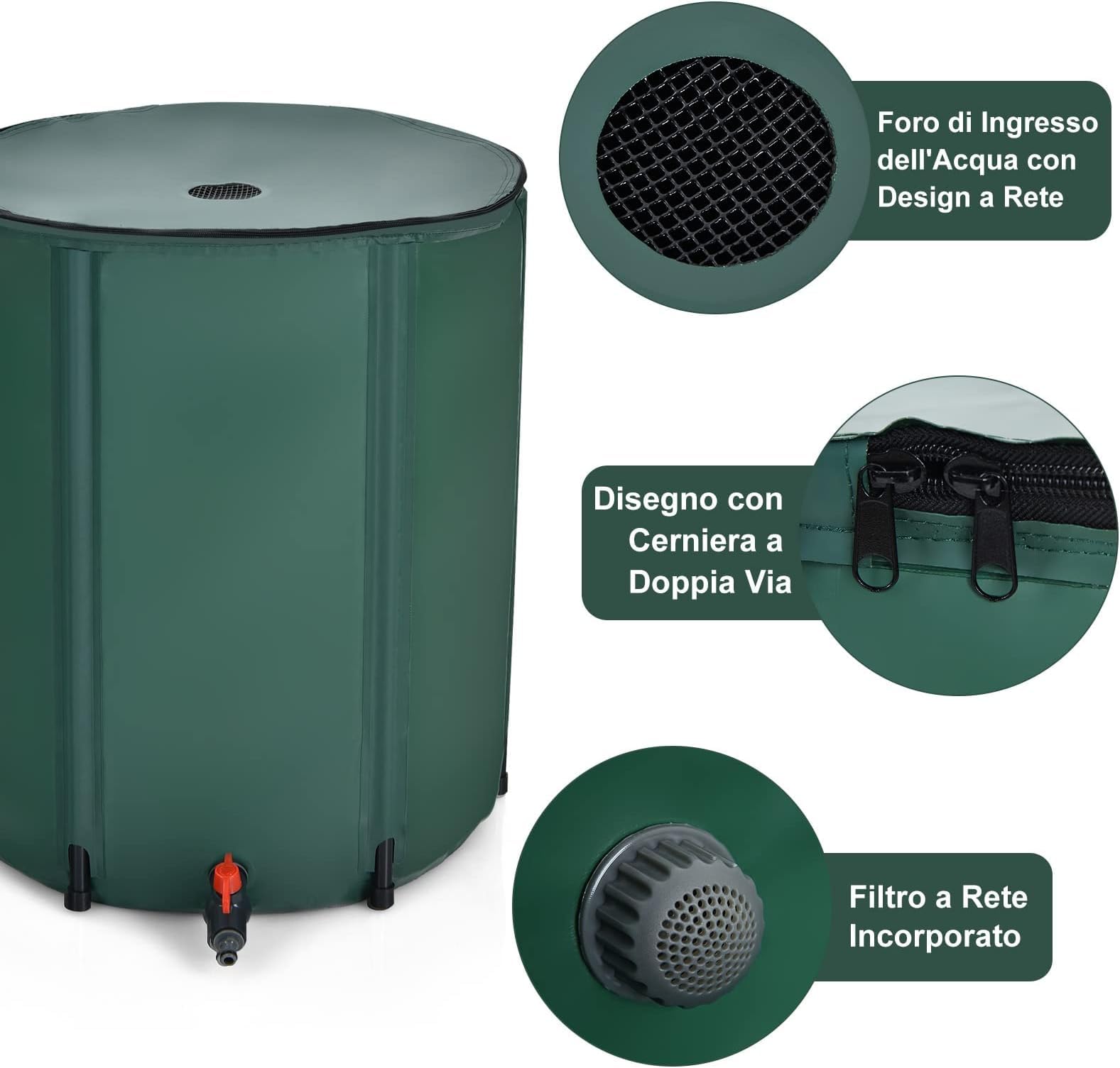 GYMAX Serbatoio Pieghevole, 225L Serbatoio Portatile per Acqua Piovana, Contenitore Acqua da Giardino, con Rubinetto e Valvola a Rete, 60 x 60 x80 cm, Verde Scuro