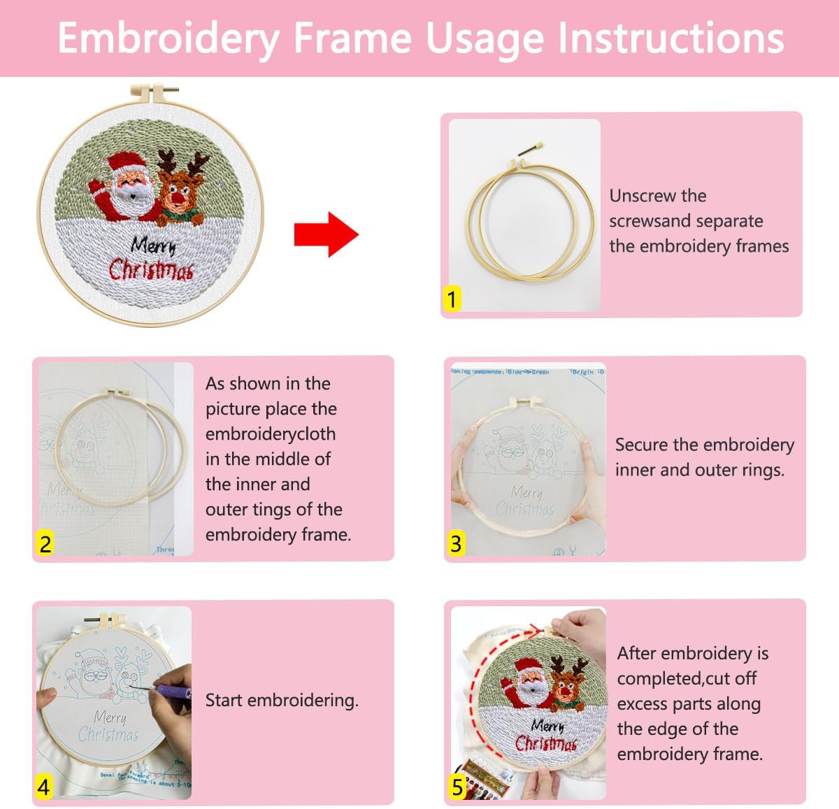 Zhenqing Christmas Punch Needle Kit - Santa & Reindeer Design with Pre-Printed 24x24cm Fabric, Hoop & Wool Thread for Beginners（D0041）