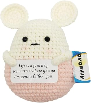 1 Pcs Mini Cute Funny Positive Life Bunny Creative Knitted Animal Holding Card Crochet Easter Birthday Christmas Girls Gift Party DecorPink Mouse