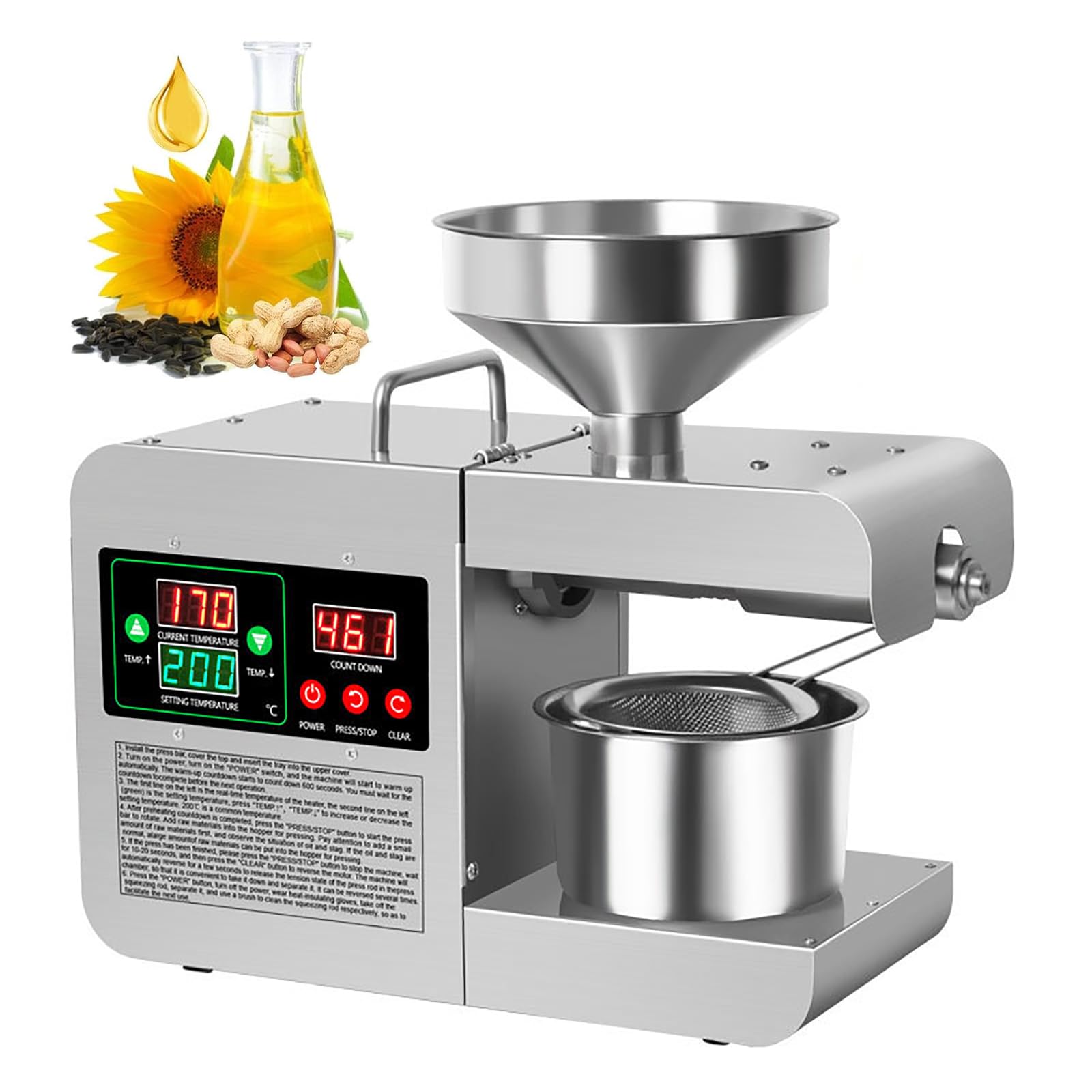 Eoweiot 820W Nut Seeds Oil Extractor, Automatic Oil Press Machine with LED Display and Cold/Hot Press Mode,for Soybeans