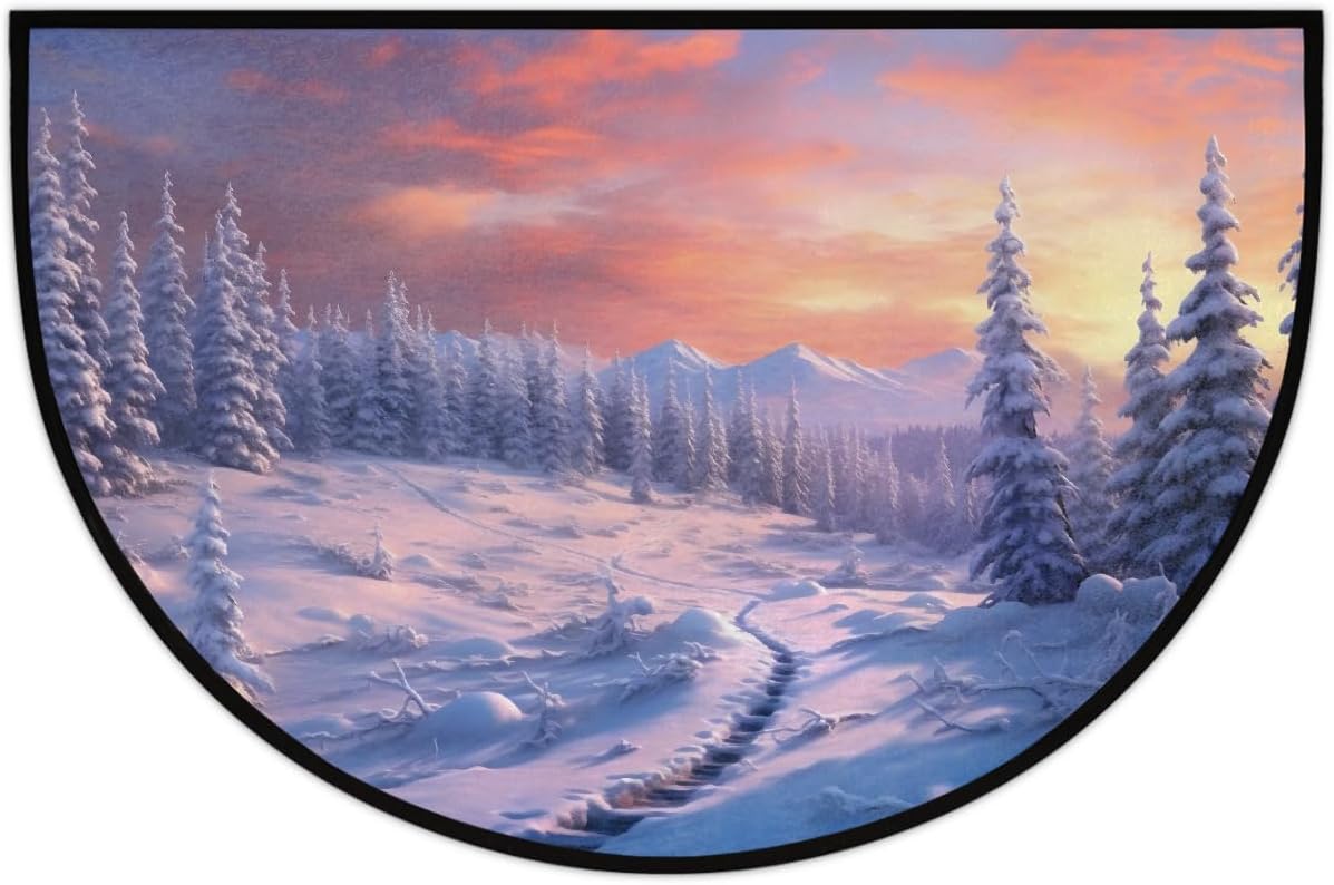 Half Round Door Mat Pretty Winter Snow Non Slip Absorbent Semi Circle Area Rugs Washable Half Moon Floor Mats for Indoor Patio Kitchen Bathroom Entryway Fireplace Home Carpet Decor