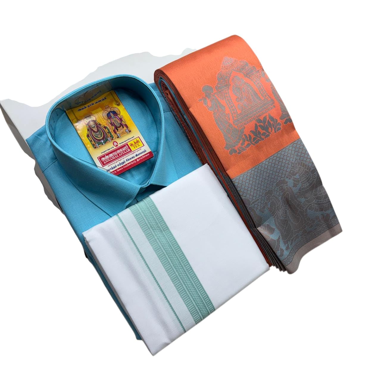 Annamalai Vesti Shirt and Kubera Pattu Saree Combo, Cotton, Orange and Sky Blue with Temple Motif-image-2