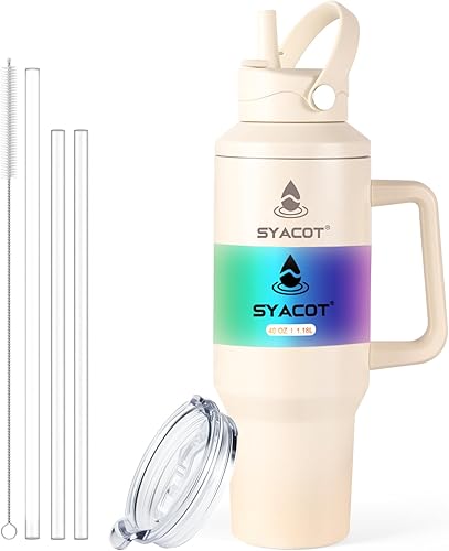 Miniatura 22 de Vaso de 40 onzas con asa y popote o se convierte en botella de agua aislada de 40 onzas que cabe en el portavasos. Botella de agua de metal de acero