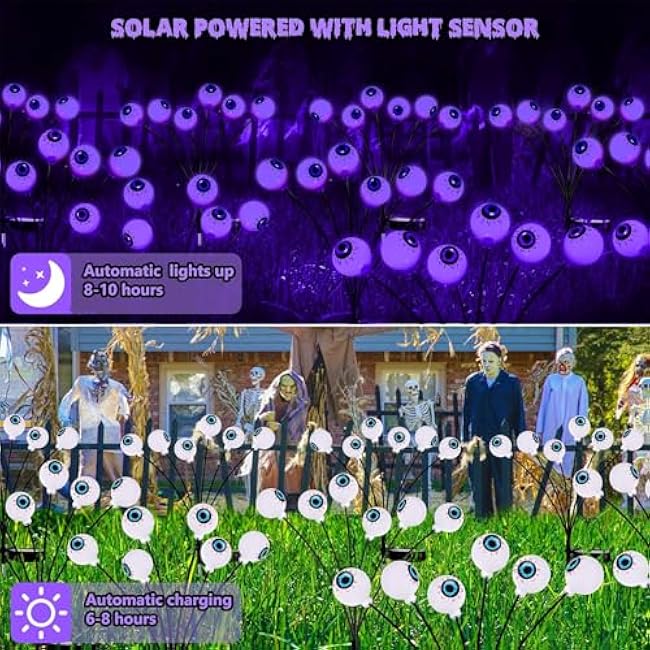 Halloween Outdoor Decorations, 2 Pack 16 LED Eyeball Solar Garden Lights, 8 Modes Scary Halloween Lights Waterproof for Yard Garden Lawn Pathway Party Decorations (Purple)